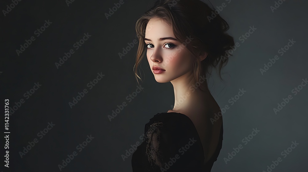 Female model in a timeless black dress posing elegantly with soft, diffuse lighting creating a calm atmosphere
