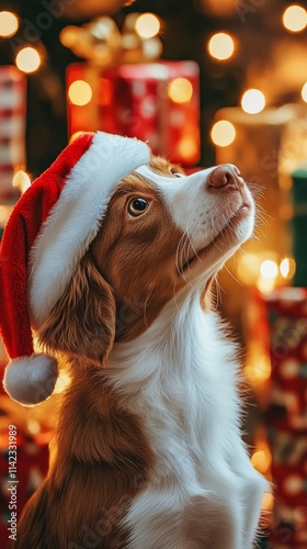 Cute Puppy Wearing Santa Hat Looking Up in Front of Christmas Tree