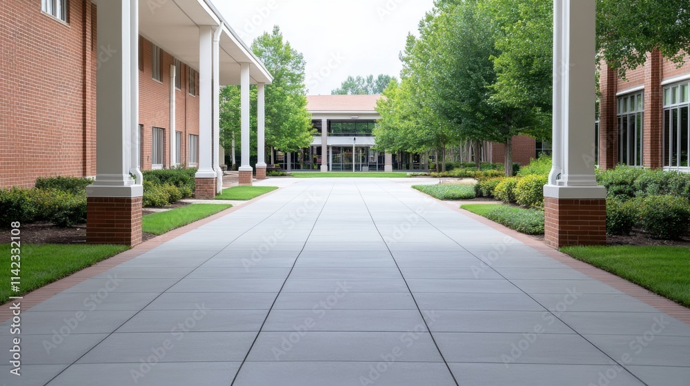 Tranquil Outdoor Walkway Surrounded by Lush Greenery and Classic Architectural Elements in a Modern Setting