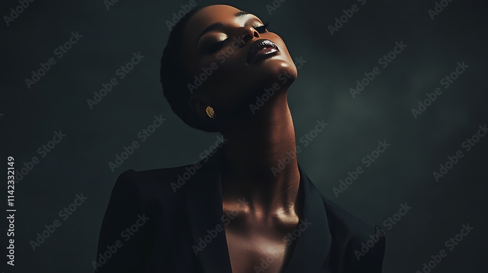 Elegant female model in dark jumpsuit, confident pose with moody lighting,