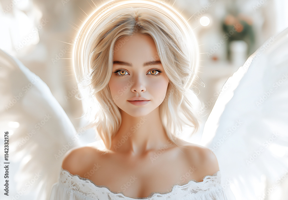 serene angelic figure with white wings and glowing halo, exuding sense of peace and purity. soft lighting enhances ethereal beauty of this divine presence serene angelic figure with white wings and glowing halo, exuding sense of peace and purity. soft lighting enhances ethereal beauty of this divine presence