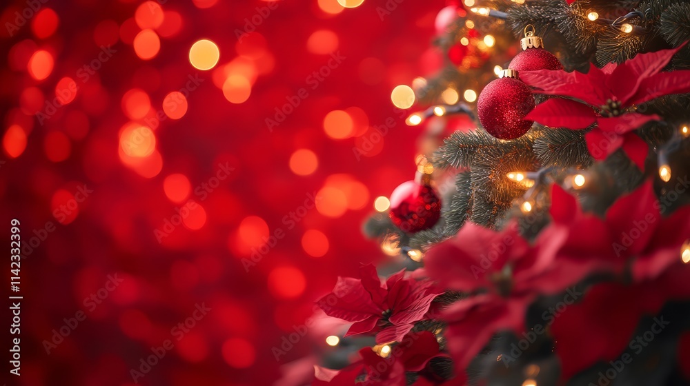 Obraz premium A close-up of festive red poinsettias and ornaments, glowing against a blurred red background, capturing the essence of holiday cheer.