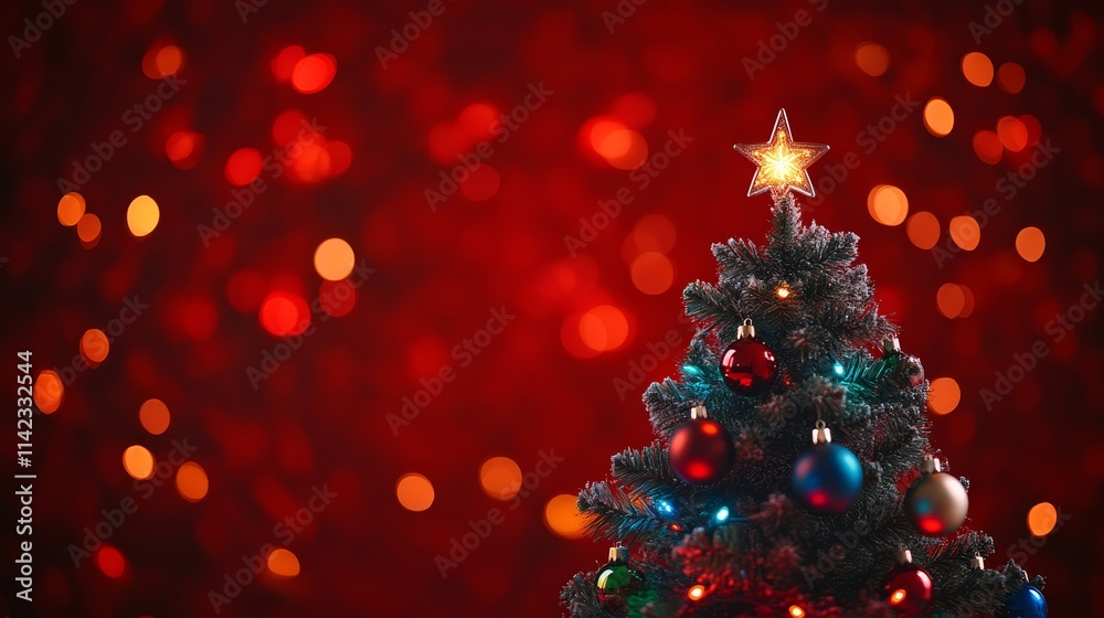 A beautifully decorated Christmas tree topped with a glowing star, set against a warm red background with festive bokeh lights. A beautifully decorated Christmas tree topped with a glowing star, set against a warm red background with festive bokeh lights.