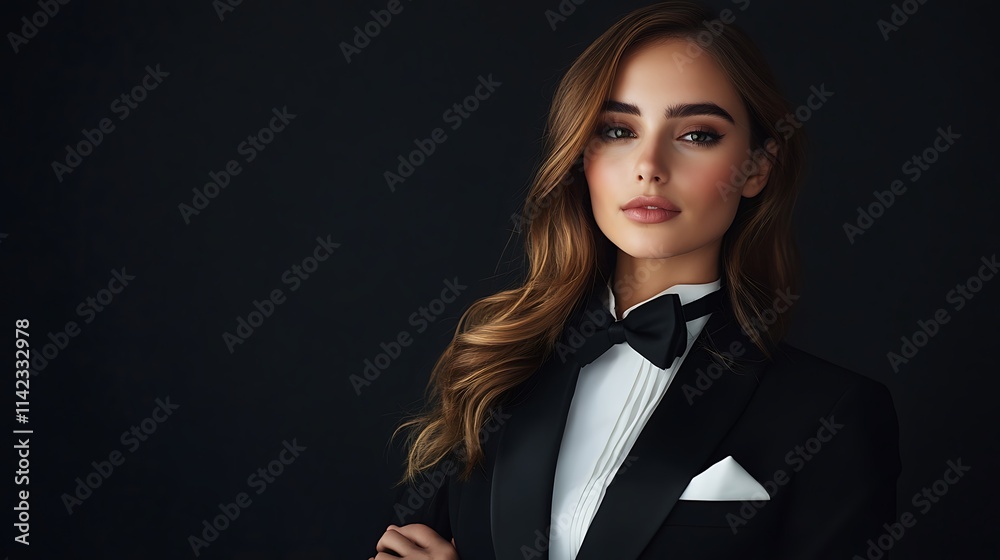 Confident female model in classic black tuxedo, strong pose with sharp studio lighting,