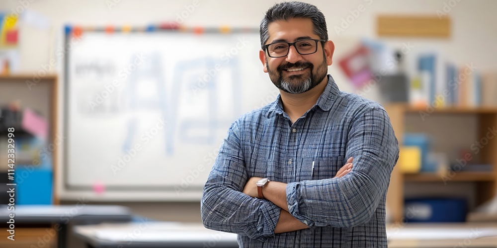 Portrait of a male teacher standing proudly in front of a classroom whiteboard
