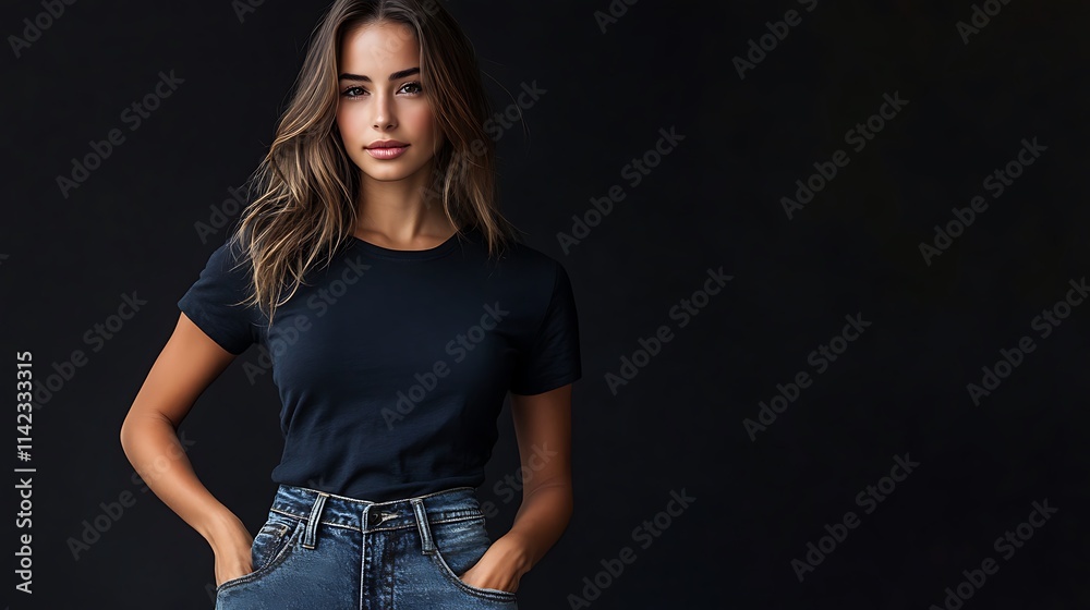 Female model in casual jeans and t shirt, with a friendly and approachable pose