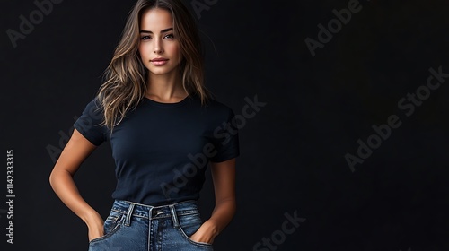 Female model in casual jeans and t shirt, with a friendly and approachable pose photo