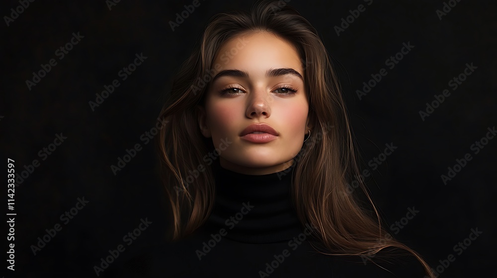 Female model in trendy black turtleneck, confident pose under spotlight, Female model in trendy black turtleneck, confident pose under spotlight,