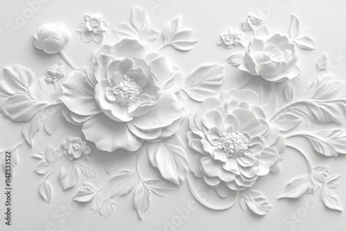 Wallpaper Mural White embossed floral design with peonies and leaves on a textured background. Torontodigital.ca