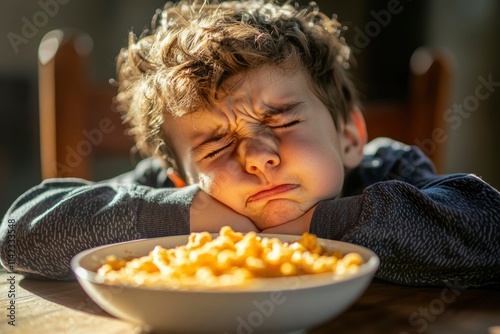 Young boy with unhappy expression faces bowl of macaroni