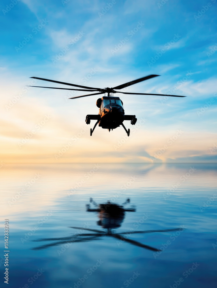 naval helicopter flying over calm water with its reflection, set against a serene sunset sky, creating a modern and peaceful aviation-themed design..