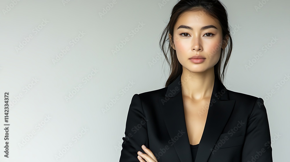 Female model in sleek black suit, standing confidently with minimalist white backdrop,