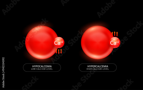 Calcium in red blood cells with up down arrows on black background. Low high level of minerals and vitamins in the body is an electrolyte disorder. Medical science concept. Vector EPS10.