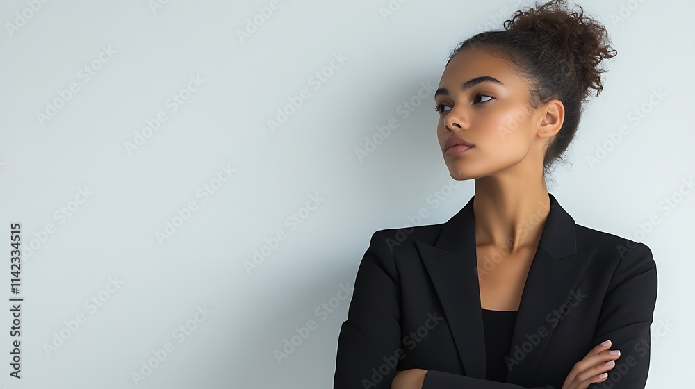 Female model in sleek black suit, standing confidently with minimalist white backdrop,