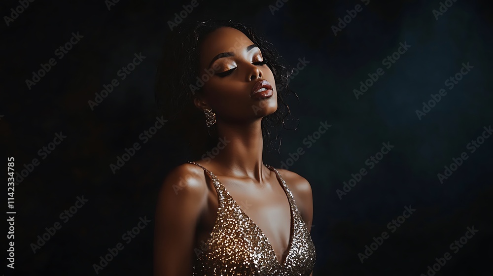 Female model in a shimmering sequined dress, standing powerfully against a dark backdrop