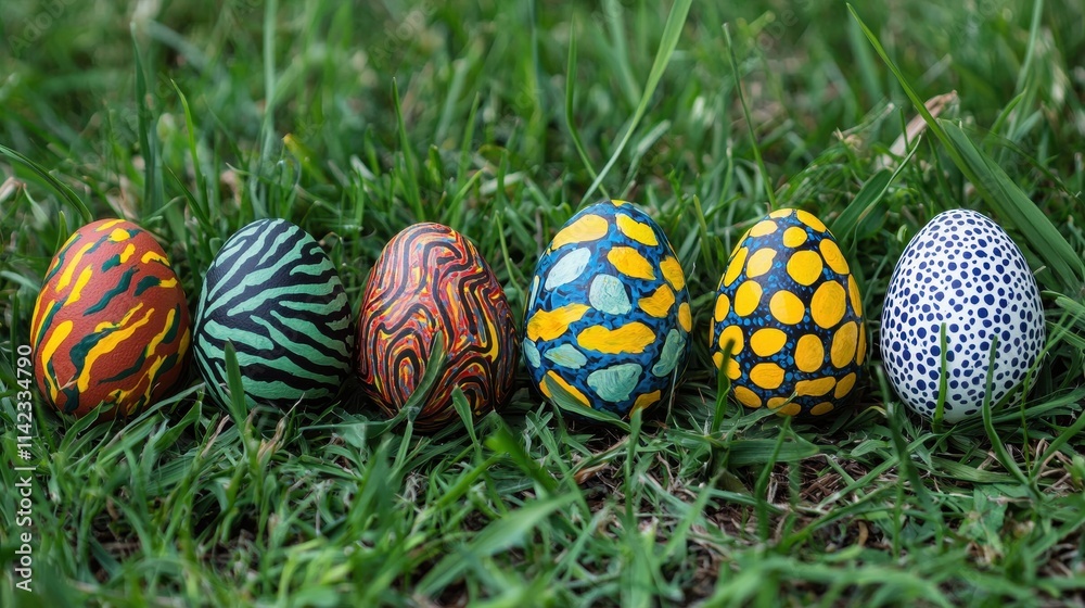 Colorful Hand-Painted Easter Eggs on Grass in Springtime Setting with Vibrant Patterns Colorful Hand-Painted Easter Eggs on Grass in Springtime Setting with Vibrant Patterns