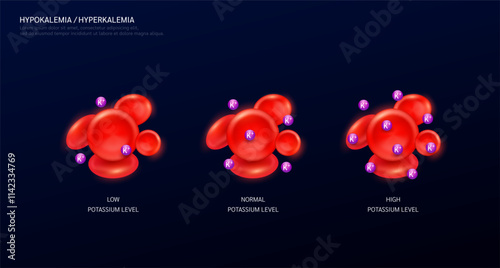 Hyperkalemia is an electrolyte disorder. Potassium in red blood cells on black background. Balance level of minerals and vitamins in the body. Medical science concept. Vector EPS10.