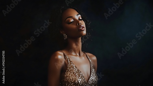Female model in a shimmering sequined dress, standing powerfully against a dark backdrop