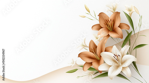 Elegant floral design featuring brown and white lilies with delicate leaves, perfect for backgrounds or invitations. This artwork exudes serene and sophisticated vibe