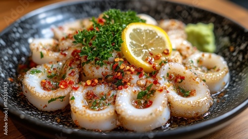 Delicious, perfectly cooked squid rings, seasoned with herbs, lemon, and chili flakes, served on a dark plate.