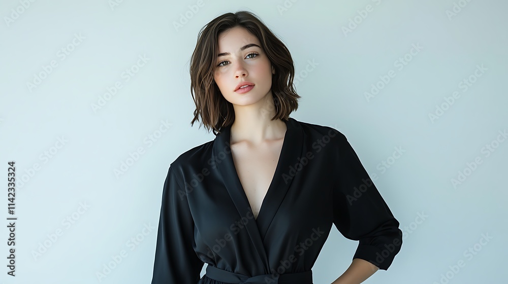 Female model in a chic black jumpsuit, posing naturally with a clean white background