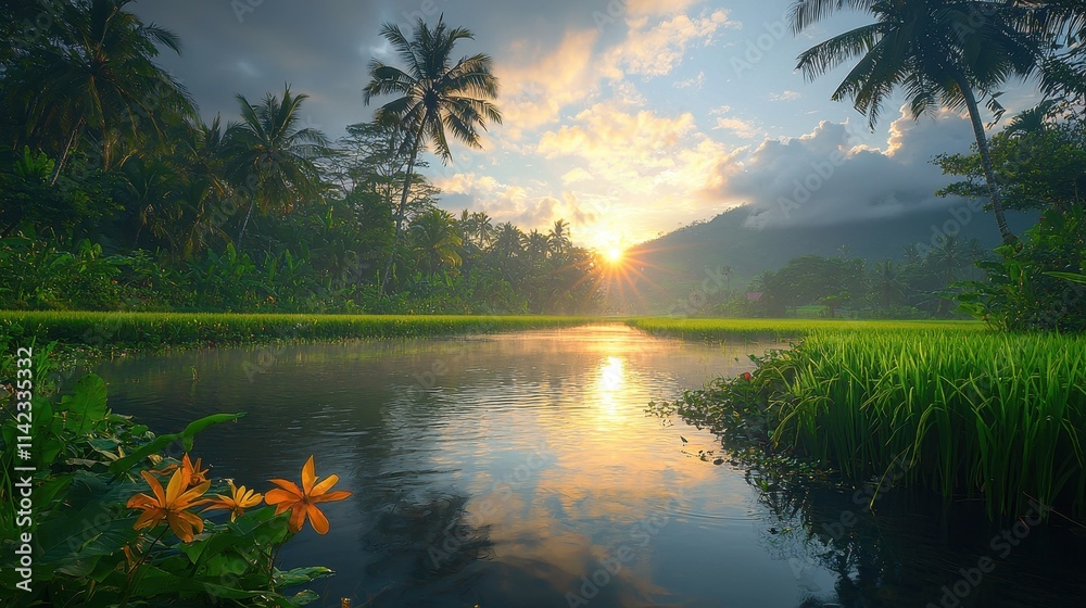custom made wallpaper toronto digitalTranquil Tropical Landscape at Sunset with Palm Trees