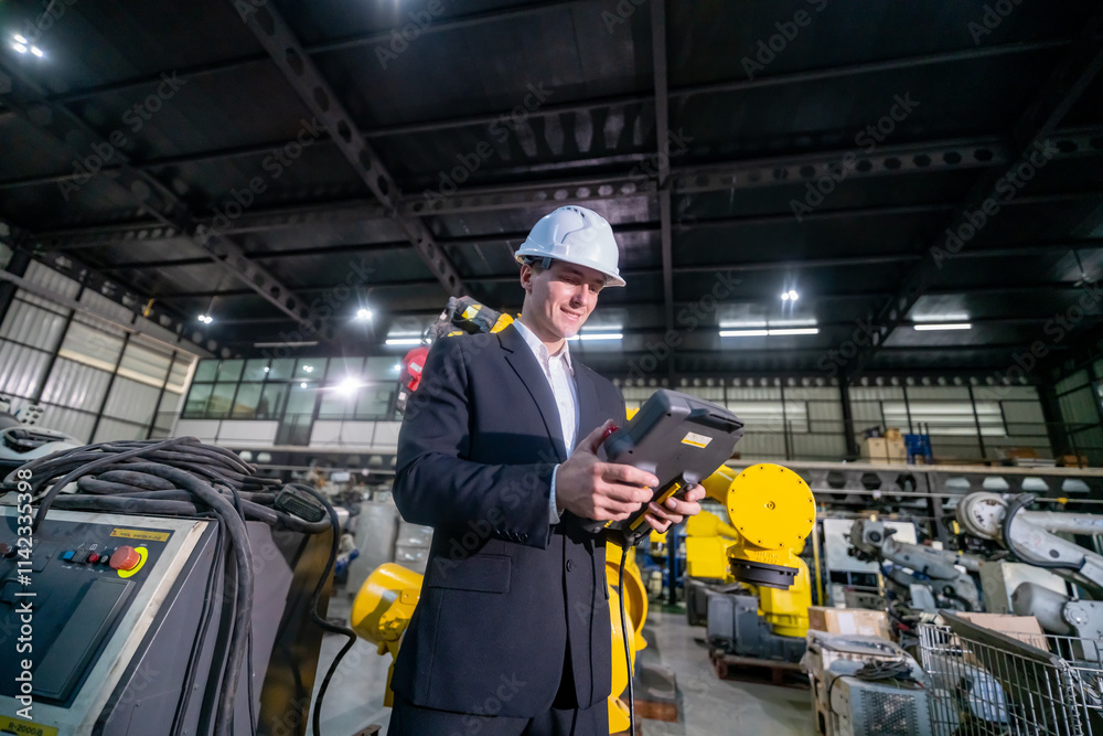 Professional Technician Using a Tablet in a Modern Factory With Robotic Equipment Professional Technician Using a Tablet in a Modern Factory With Robotic Equipment