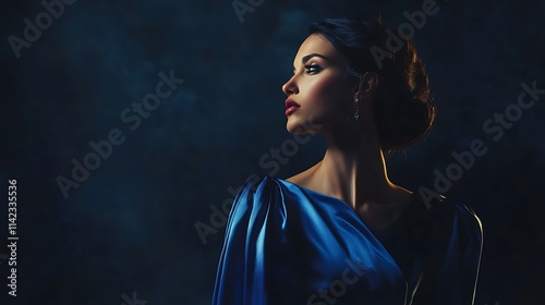 Female model in elegant blue satin dress, standing dramatically under dark moody lighting
