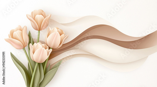 Elegant tulips with soft waves in beige tones create serene atmosphere. This artwork beautifully combines floral elements with gentle curves, perfect for home decor