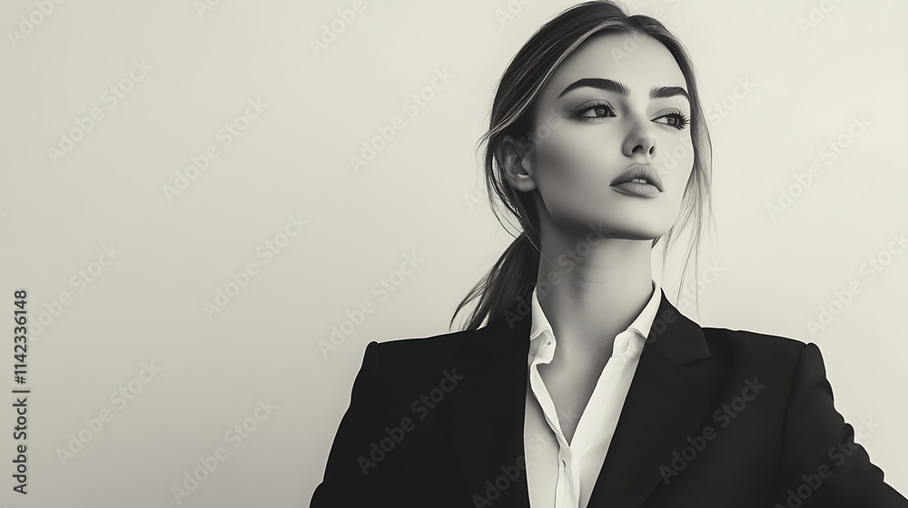 Sharp monochrome female model in corporate wear, professional demeanor,