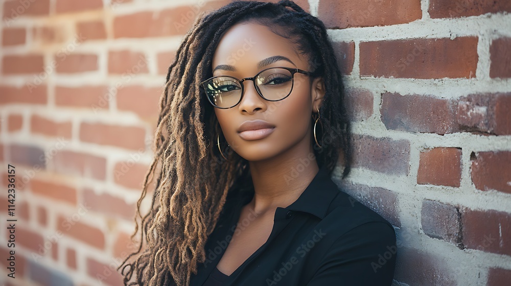 Female model with glasses standing in front of a brick wall in an urban alley