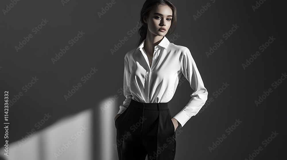 Female model in sleek white shirt and black pants, minimalist lighting,