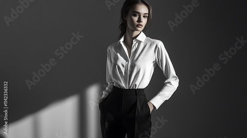 Obraz na płótnie Female model in sleek white shirt and black pants, minimalist lighting, w salonie