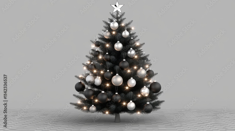 Elegant Black and Silver Christmas Tree with Lights and Ornaments Elegant Black and Silver Christmas Tree with Lights and Ornaments