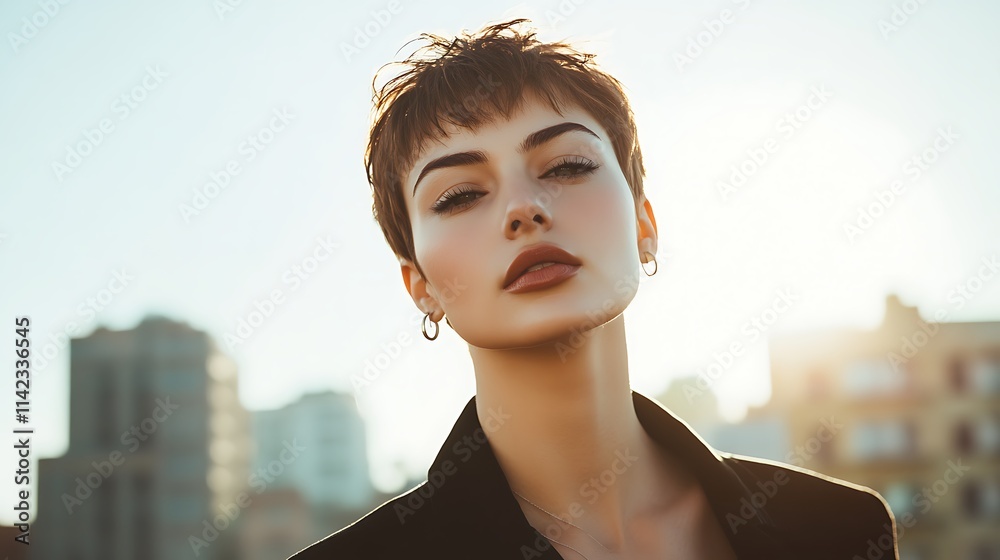 A stylish female model with short hair, standing confidently on a city rooftop