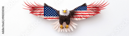Majestic bald eagle with spread wings adorned in American flag colors, symbolizing freedom and strength. stunning representation of patriotism and nature beauty