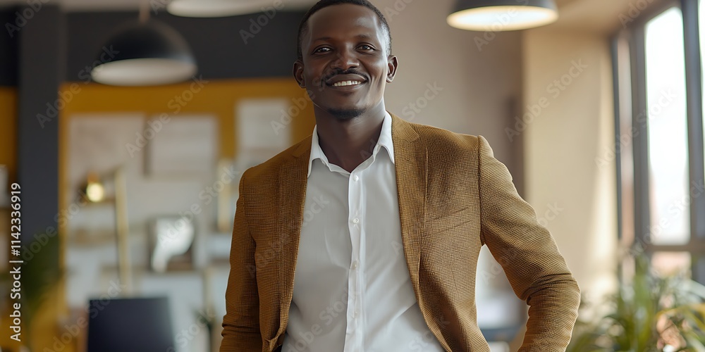 Kenyan male financial advisor discussing investments in a modern office, standing confidently, smiling