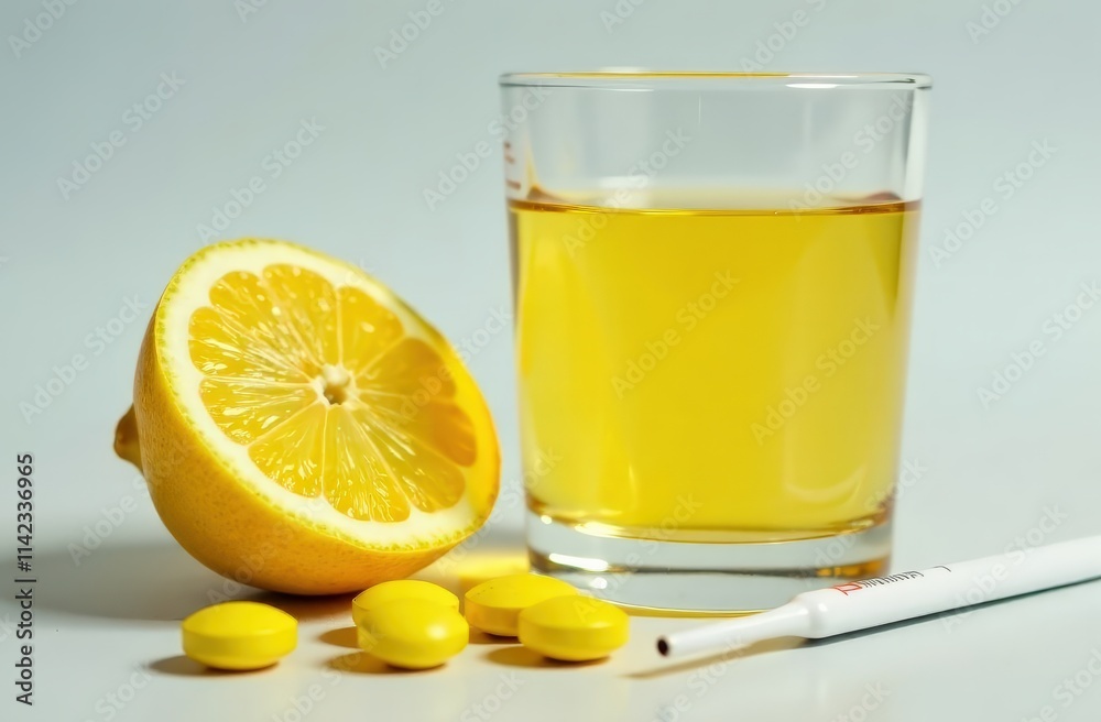 cold medicine: lemon, syrup, tablets, thermometer measure temperature on white background cold medicine: lemon, syrup, tablets, thermometer measure temperature on white background