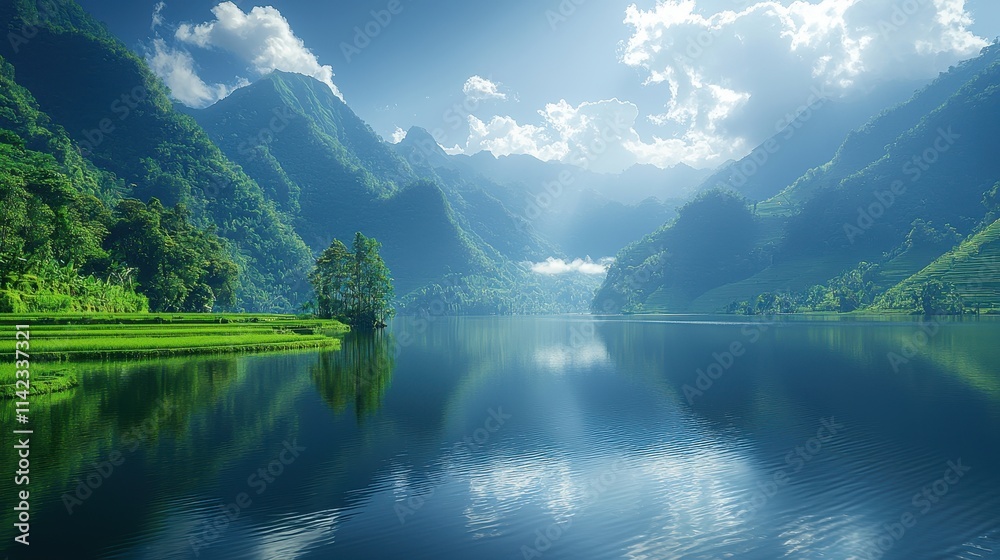 Naklejka premium Tranquil Mountain Lake Surrounded by Lush Slopes