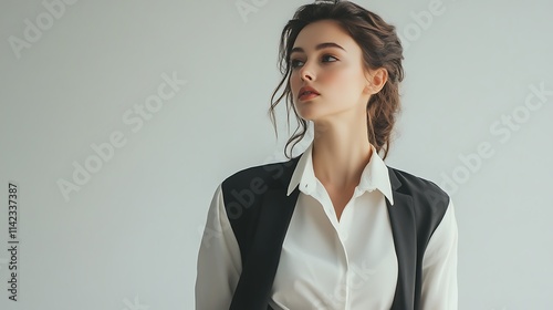 Obraz na płótnie Female model in business casual attire, standing confidently with a white studio background w salonie