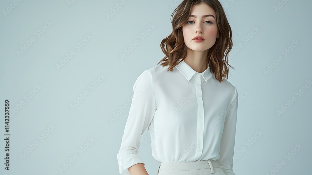 Female model in tailored white blouse and skirt, posing confidently against a clean, modern backdrop