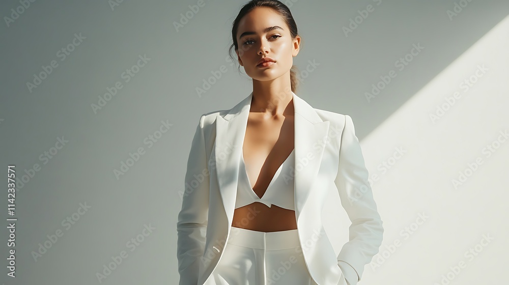 Female model in tailored white blazer and high waisted trousers, confidently standing with crisp lighting