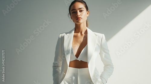 Obraz na płótnie Female model in tailored white blazer and high waisted trousers, confidently standing with crisp lighting w salonie