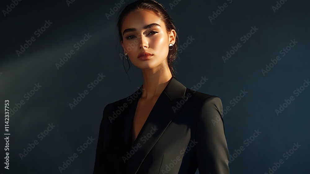 Female model in sophisticated black suit, sharp modern lighting,