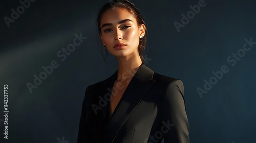 Obraz na płótnie Female model in sophisticated black suit, sharp modern lighting, w salonie