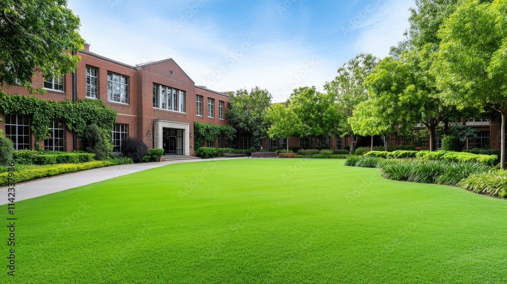 Fototapeta premium Serene Green Lawn in Front of a Charming Modern Building Surrounded by Lush Trees and Clear Blue Sky