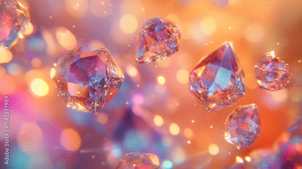 Floating, iridescent crystals in a bokeh background. Floating, iridescent crystals in a bokeh background.