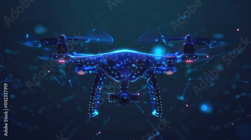 A futuristic drone with a camera, composed of glowing blue particles, against a dark blue background with red glowing particles.