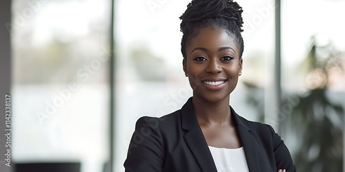 Obraz na płótnie Female brand manager standing confidently in a marketing firm, smiling, portrait shot w salonie