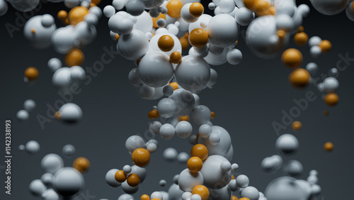 Abstract 3D floating white and orange spheres against a dark gray background. The dynamic composition creates a sense of motion and depth, ideal for technology, data, and modern design concepts.